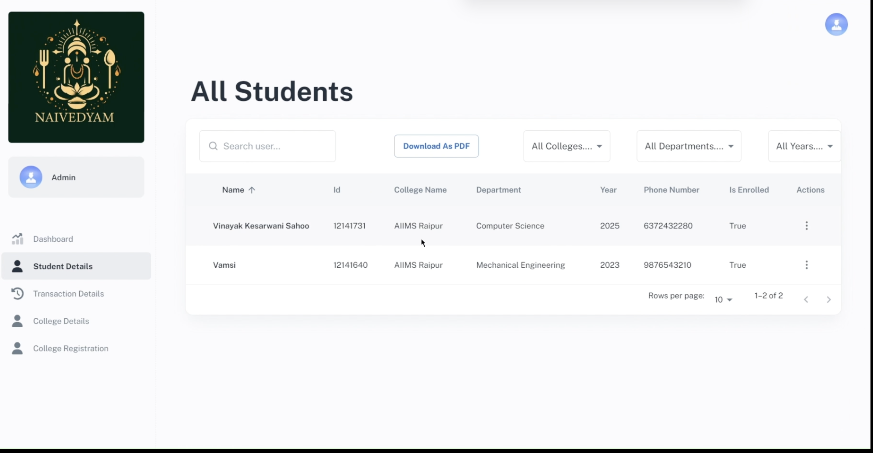 Admin Student Management